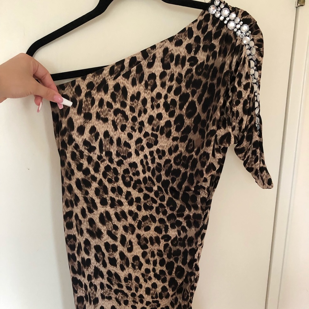 Leopard print one shoulder embellished dress